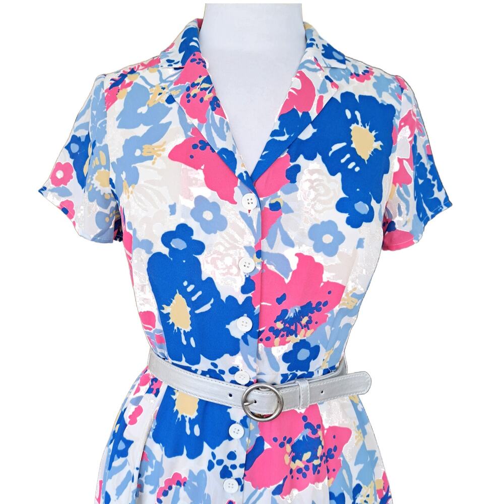 MODCLOTH Exciting Find Shirt Midi Dress Pink Blue Floral Small Retro Spring - Picture 8 of 11